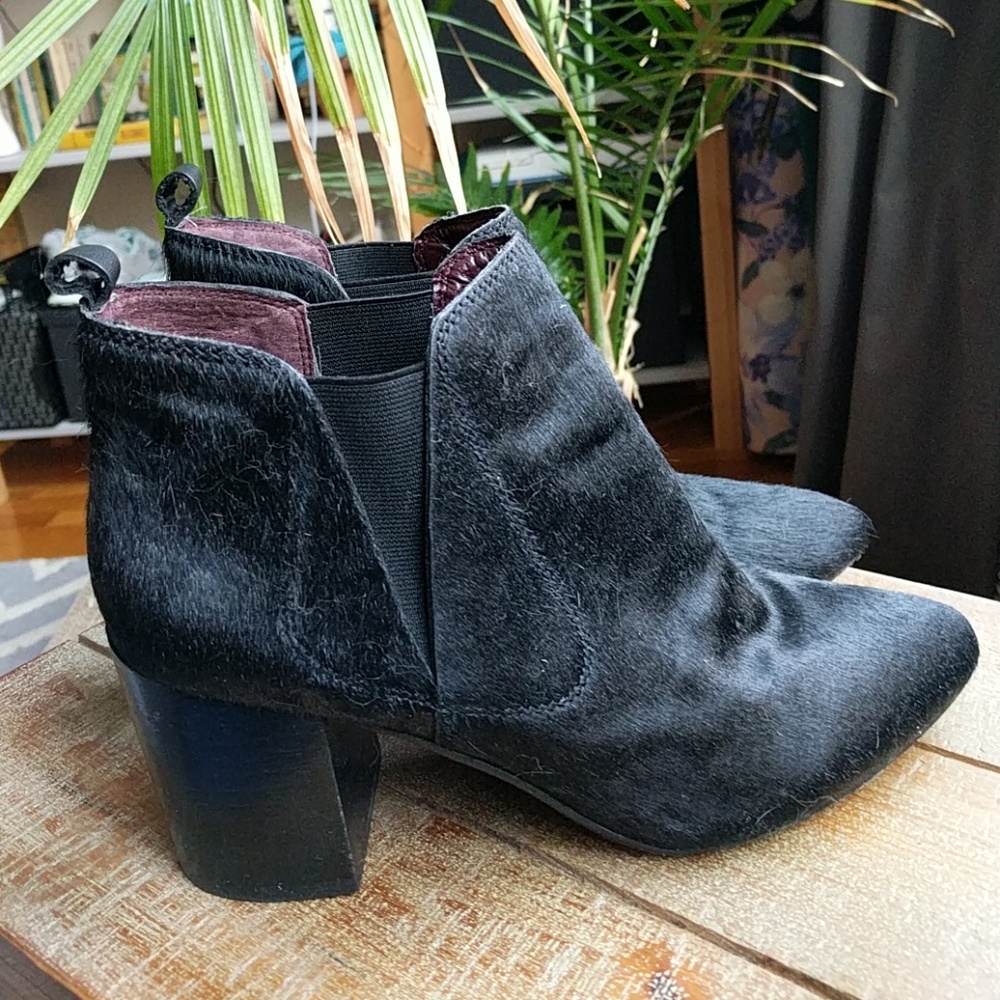 Black block heeled pointed toe ponyhair boots